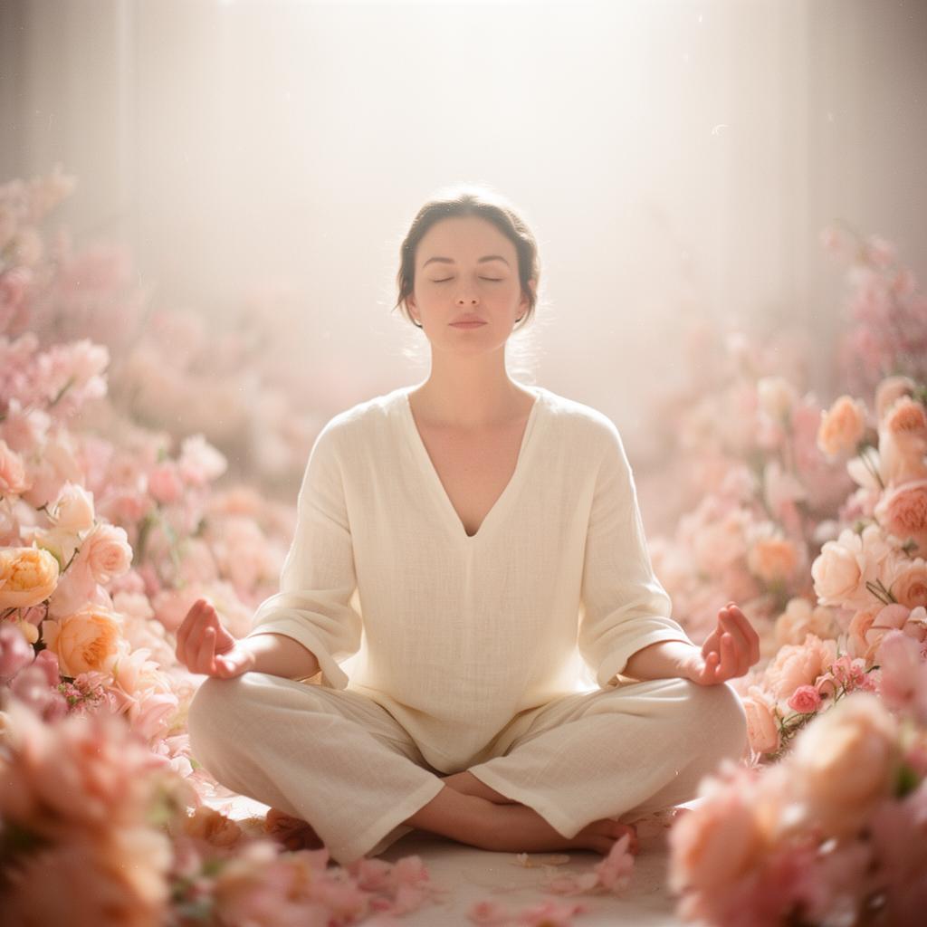 A practitioner in serene meditation surrounded by soft pink florals